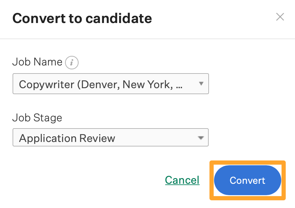 Screenshot of convert prospect to candidate prompt