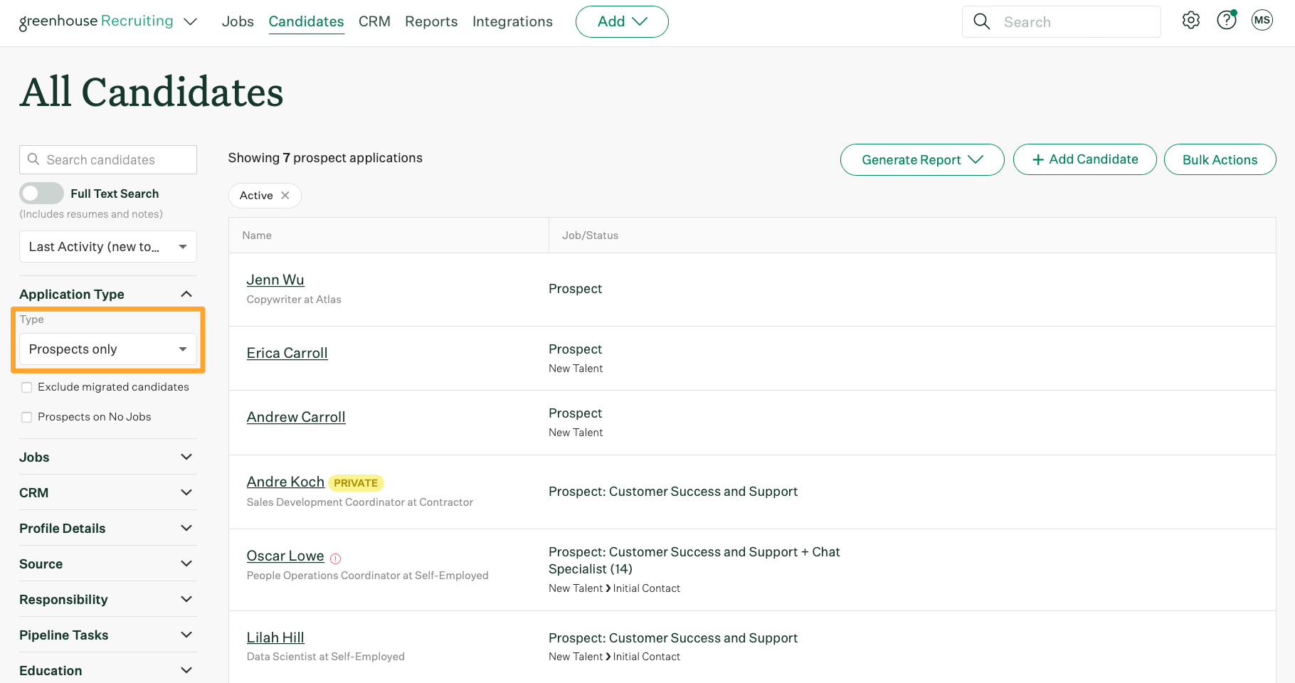 Screenshot of filter Candidates page for prospects