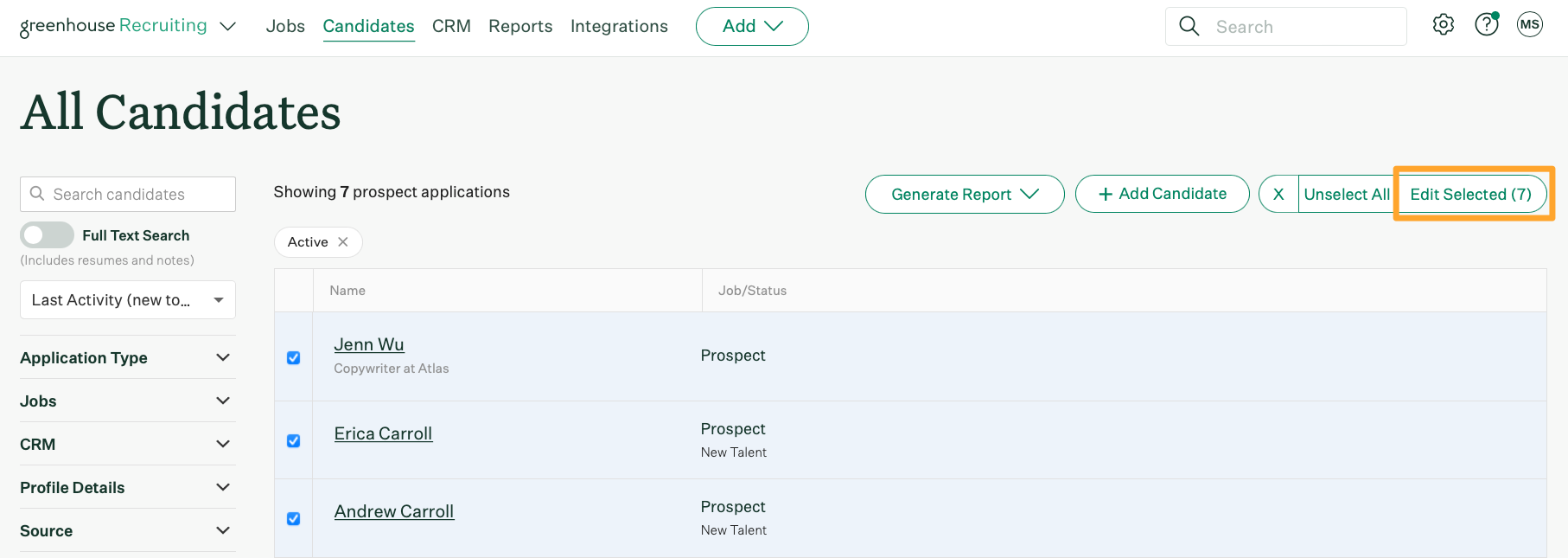 Candidate and prospect filters – Greenhouse Support