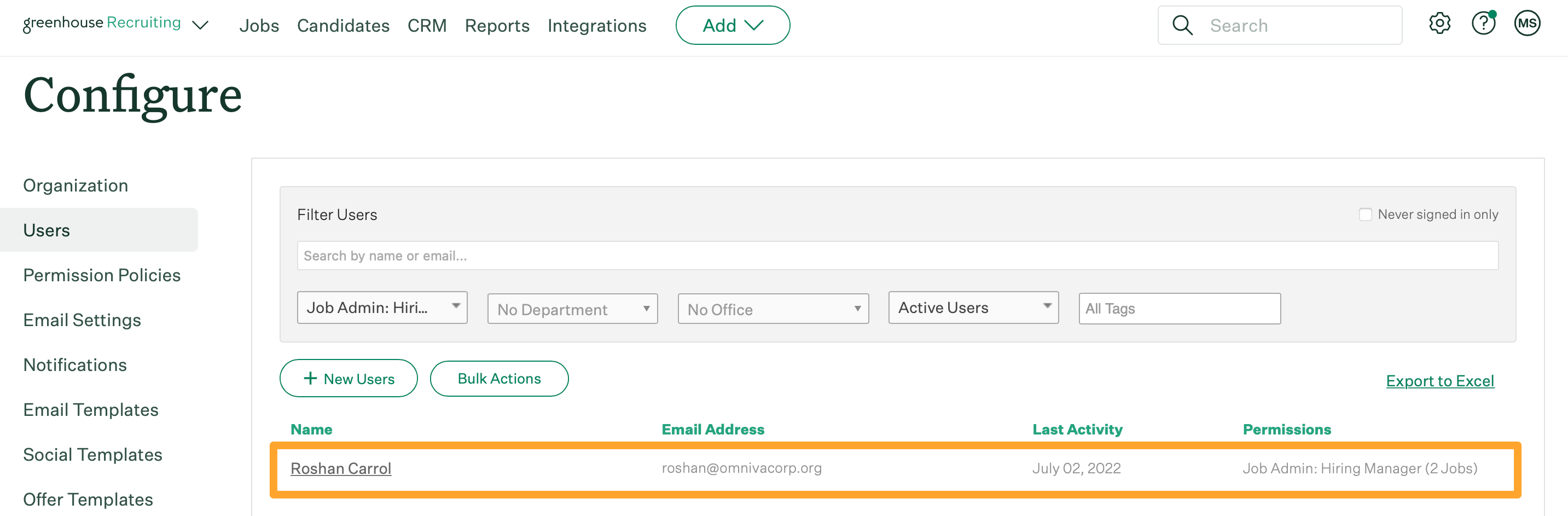 Screenshot of Configure > Users > single user selected