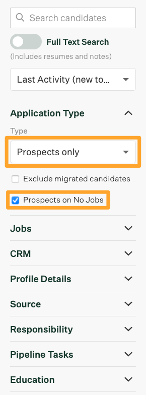 Screenshot of filtering the Candidates tab for unattached prospects
