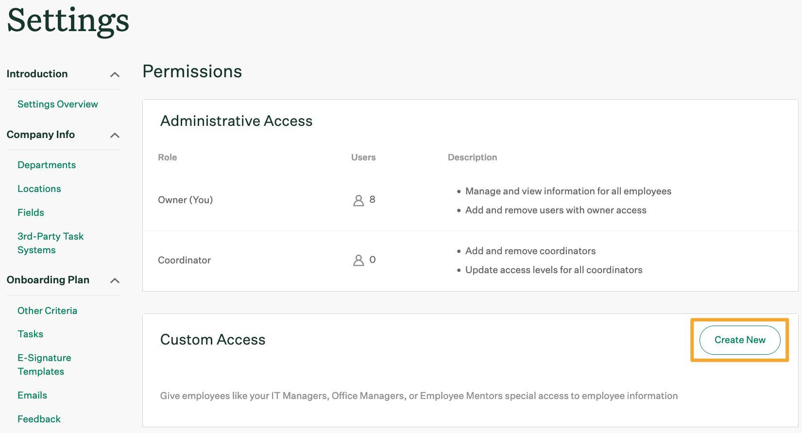 Screenshot of create new custom access permission 
