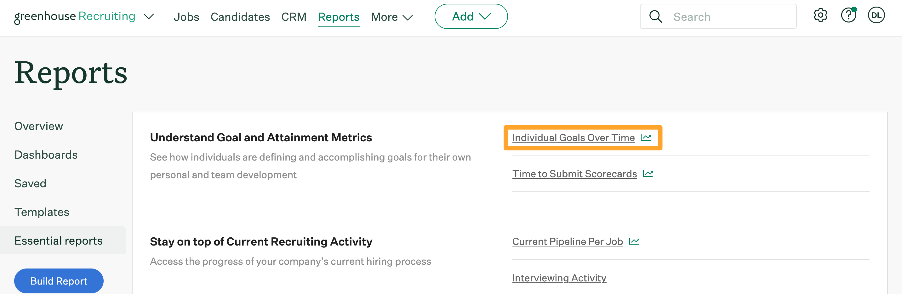 Screenshot of Individual goals over time report button