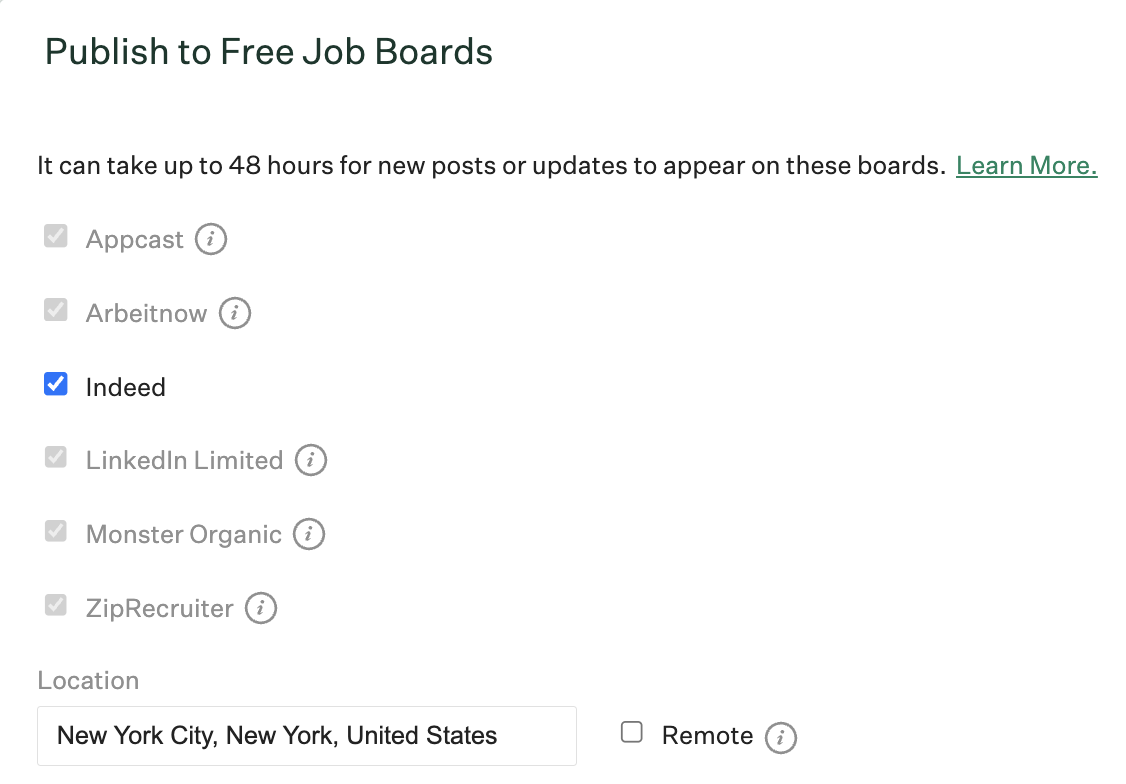 An example job post is shown with options to post to Indeed checked