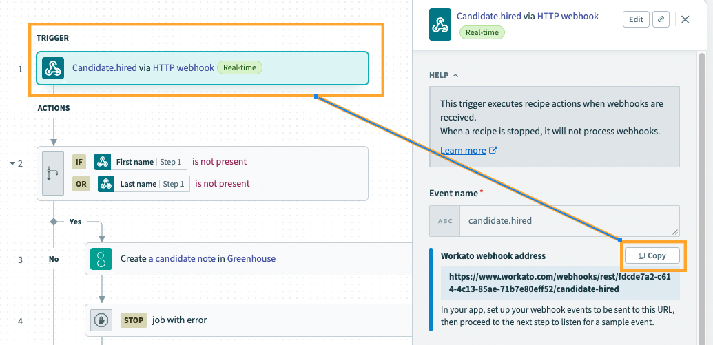 Screenshot of an example web hook endpoint shown on GoCo Integration Builder