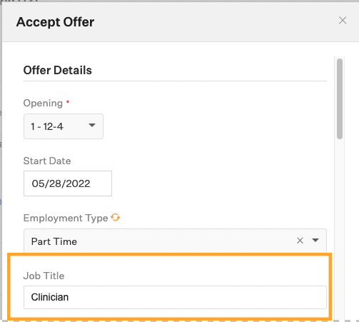 Screenshot of completing Offer Details on a new hire