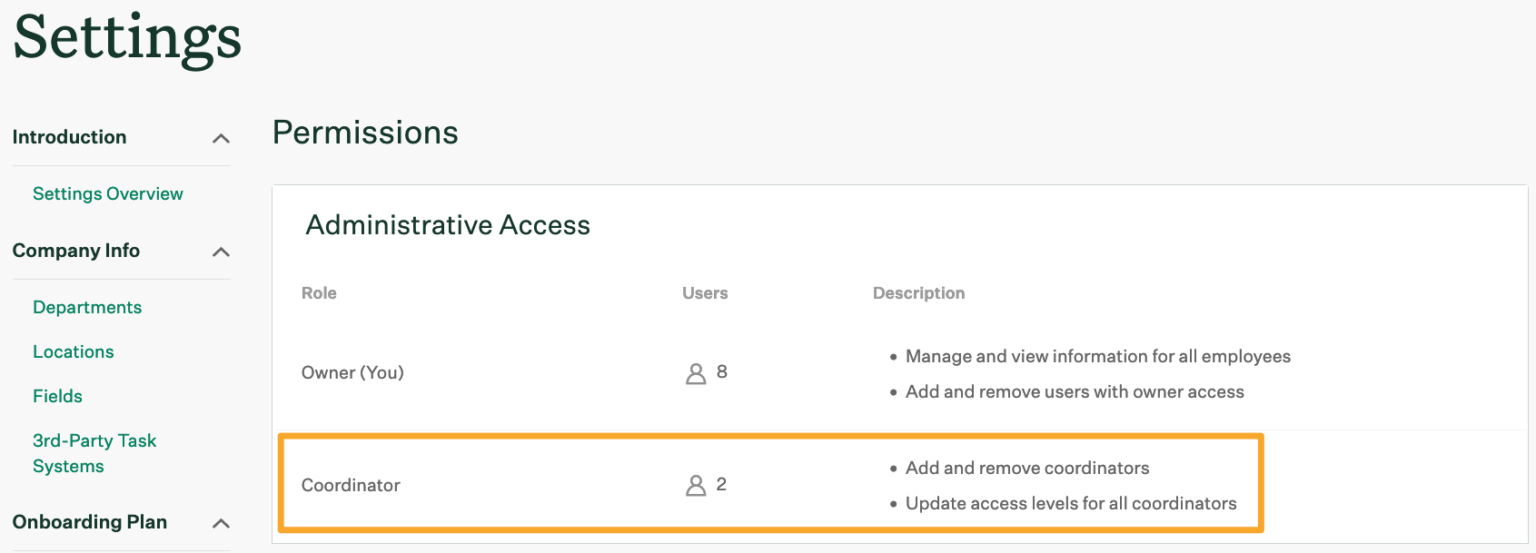 Coordinator role listed under Administrative Access in Permissions