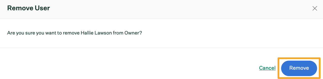 Owner removal confirmation window with Remove button highlighted