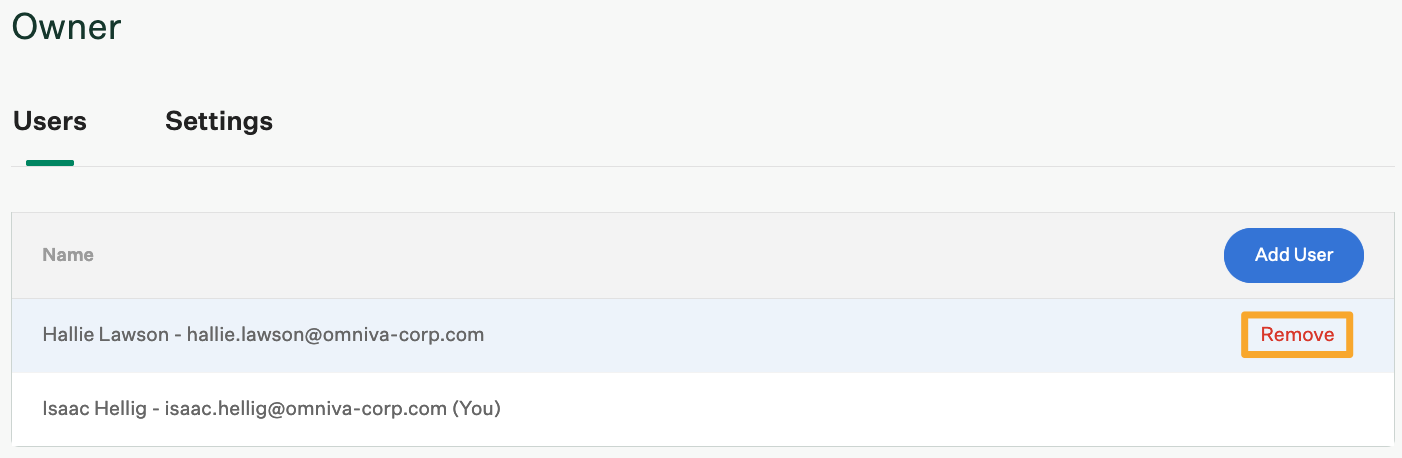 Remove user button highlighted for an Owner user in the Owner role Users tab