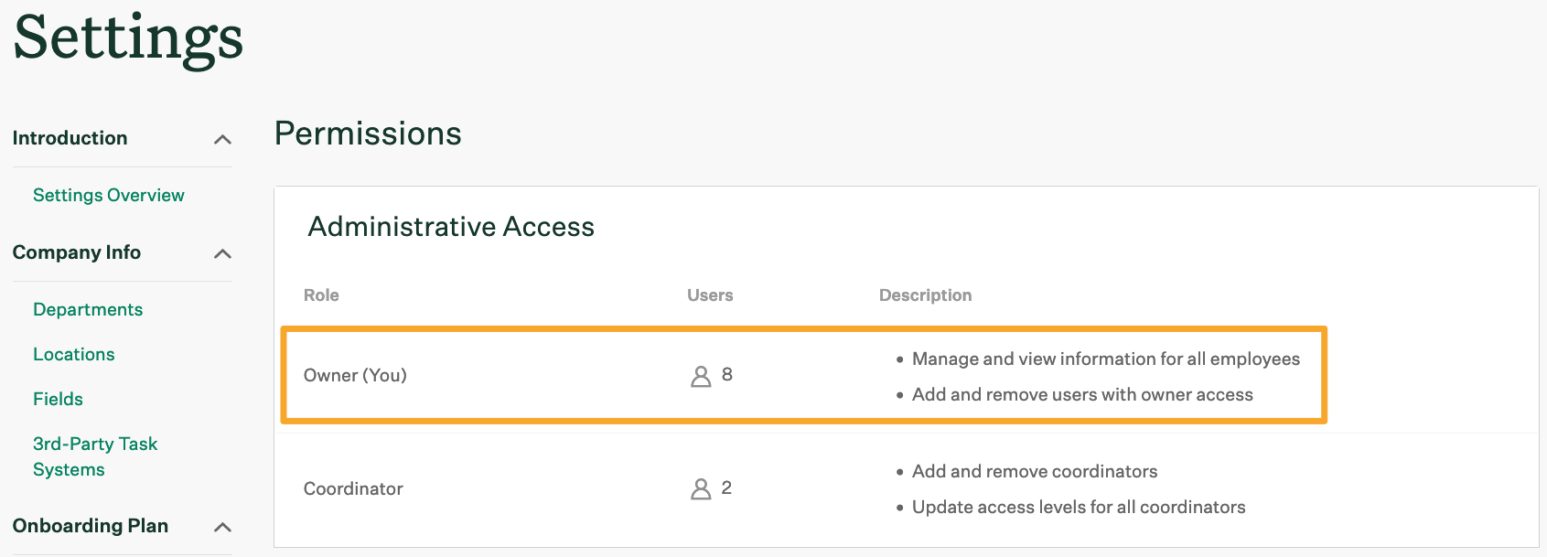 Owner role listed and highlighted under Administrative Access in Greenhouse Onboarding settings