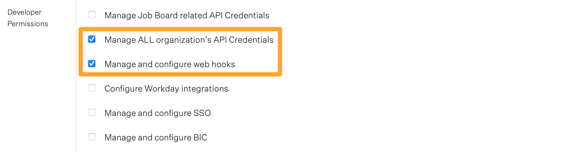 Screenshot of Can manage ALL organization's API credentials and can manage and create web hooks permissions