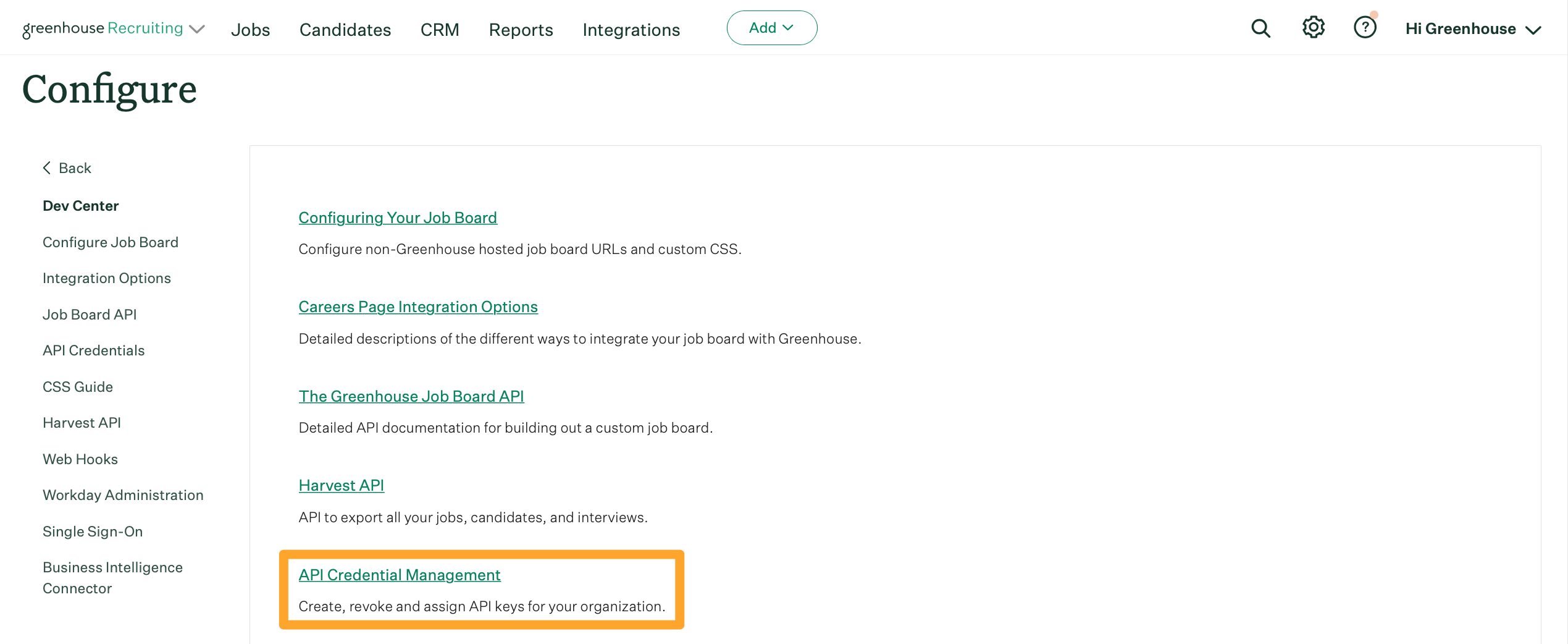 Screenshot of Dev Center > API Credential Management button