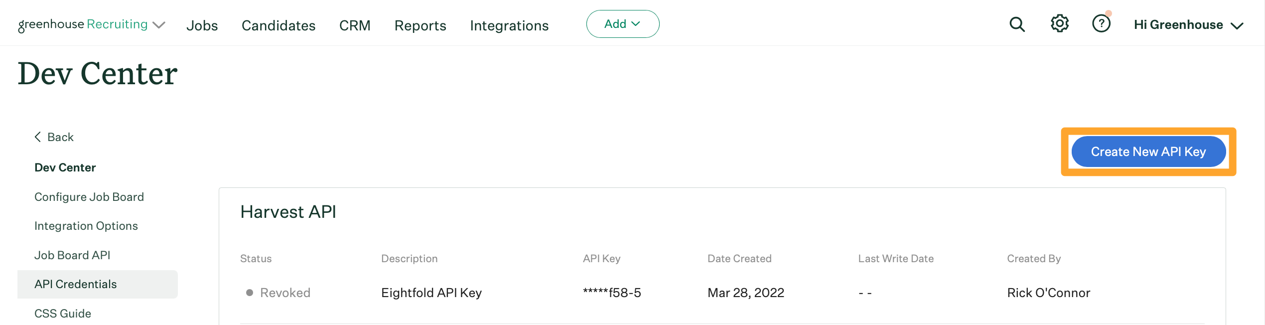 Screenshot of Create new API key button