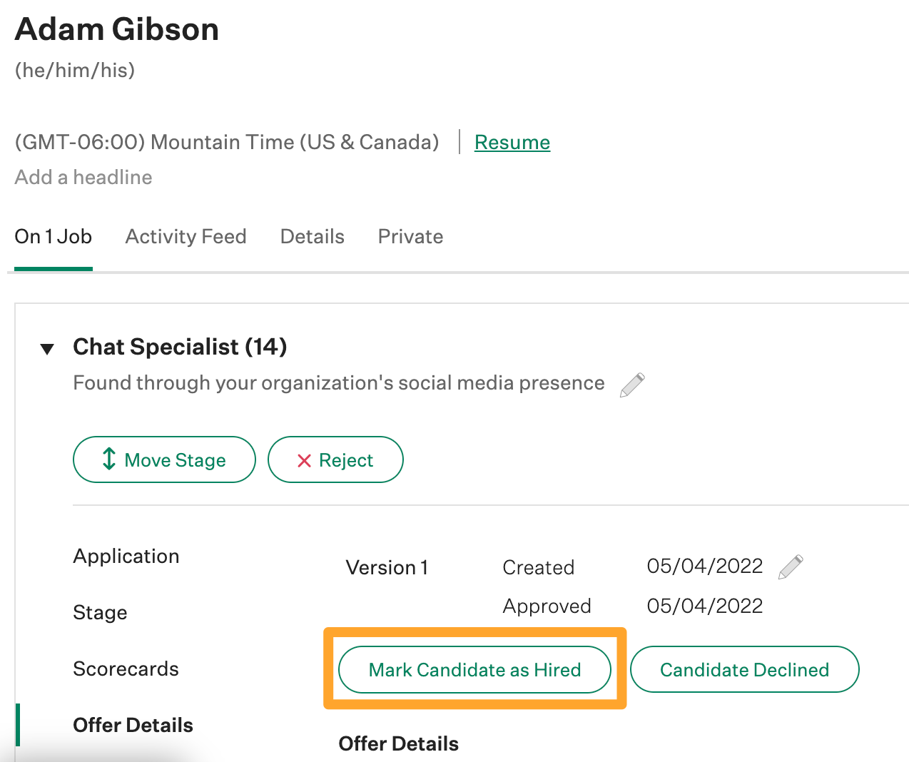 Screenshot of Mark candidate as hired button in Greenhouse Recruiting