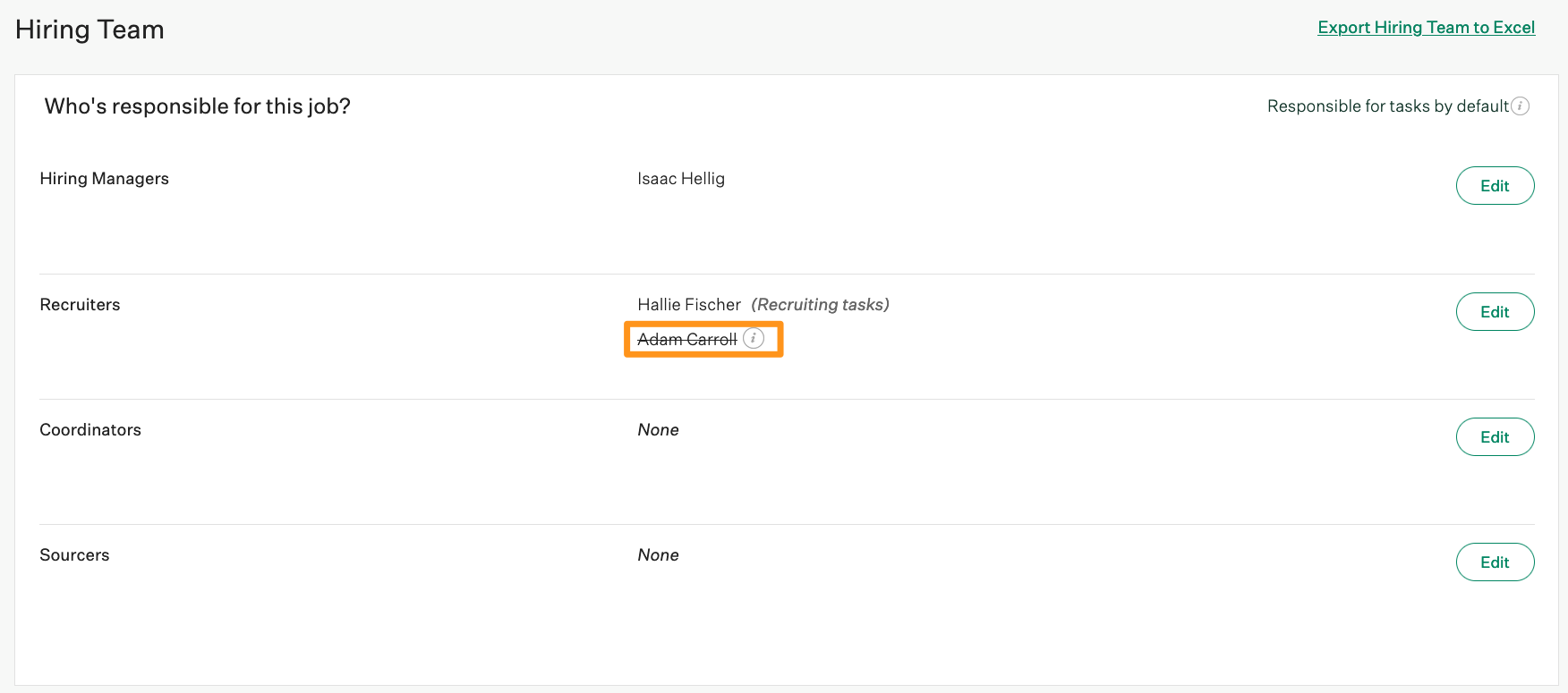 Screenshot of the recruiter with strike through their name. 