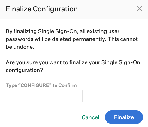 Screenshot of finalize configuration pop up window