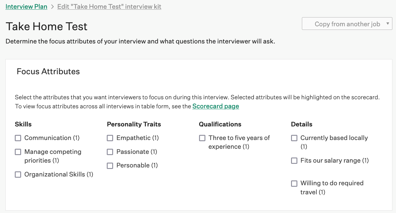 Screenshot of take home test focus attributes 