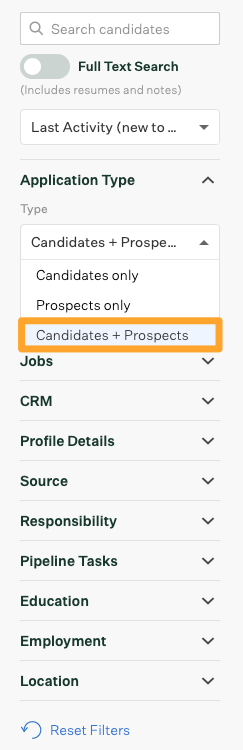 Screenshot of Candidates + Prospects filter