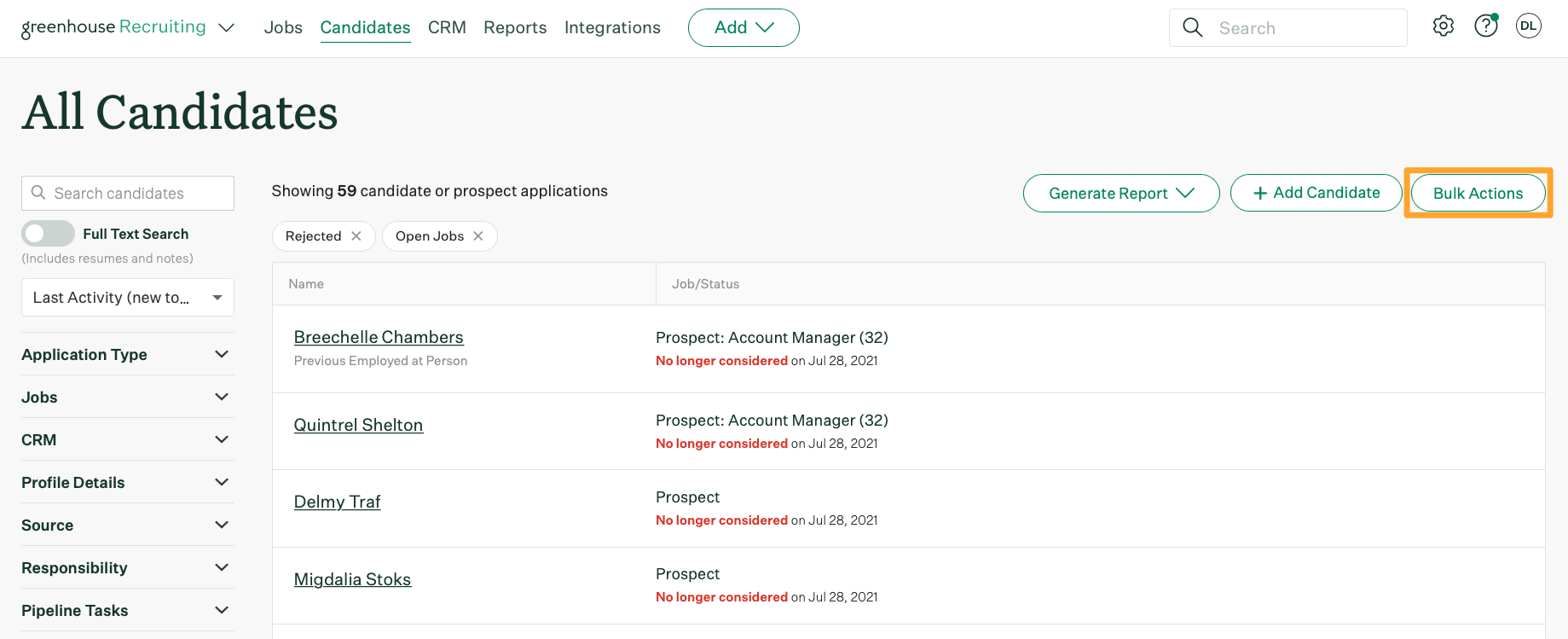 Screenshot of bulk actions on group of prospects