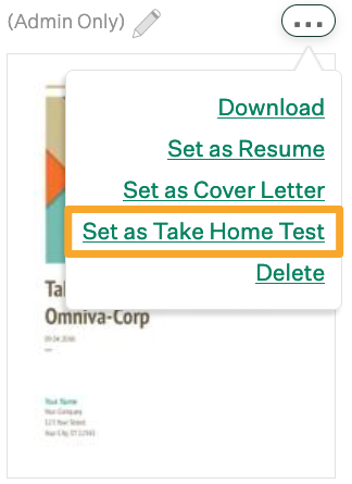 Screenshot of set as take home test button 