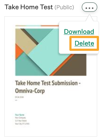 Screenshot of delete take home test button 