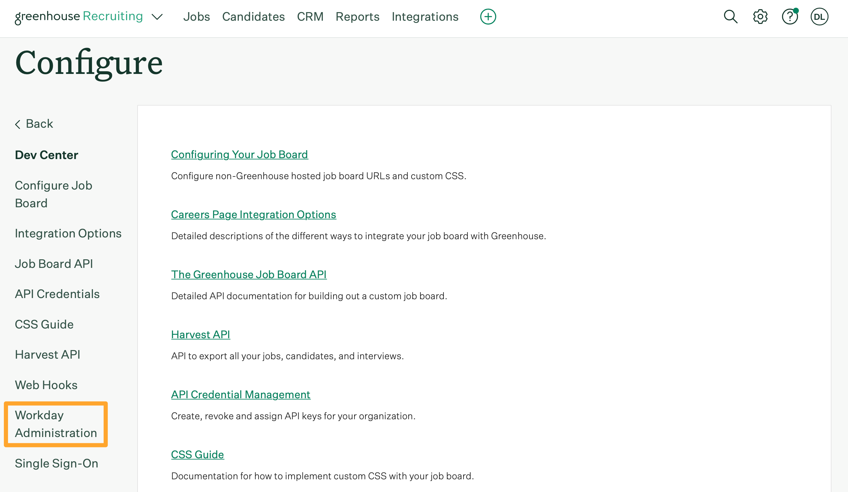 Screenshot of Configure > Dev Center > Workday Administration