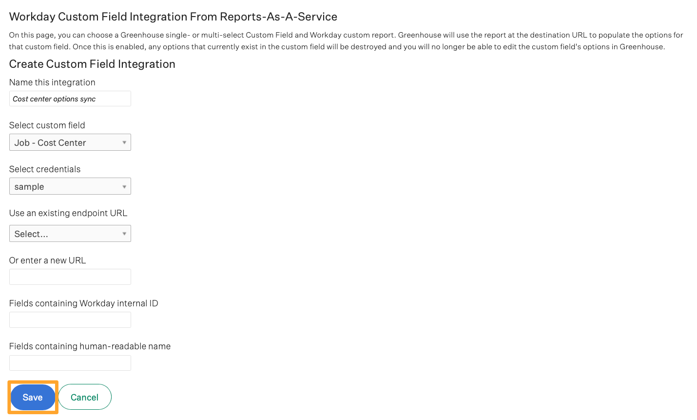 Screenshot of Save custom field integration settings