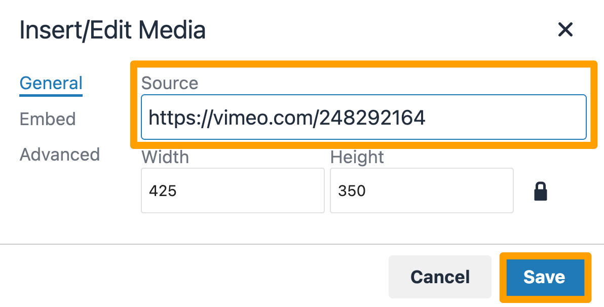 Screenshot of the insert edit media window. 