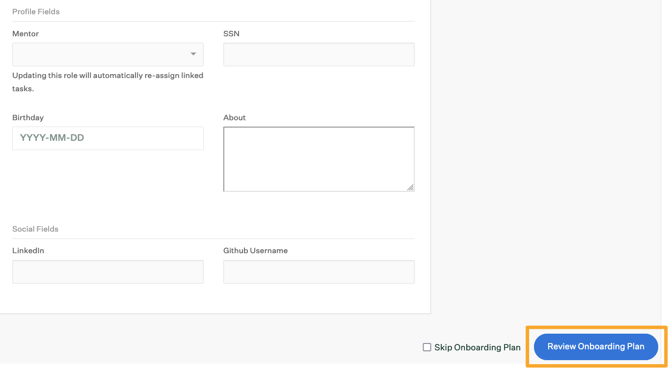 Screenshot of review onboarding plan button 