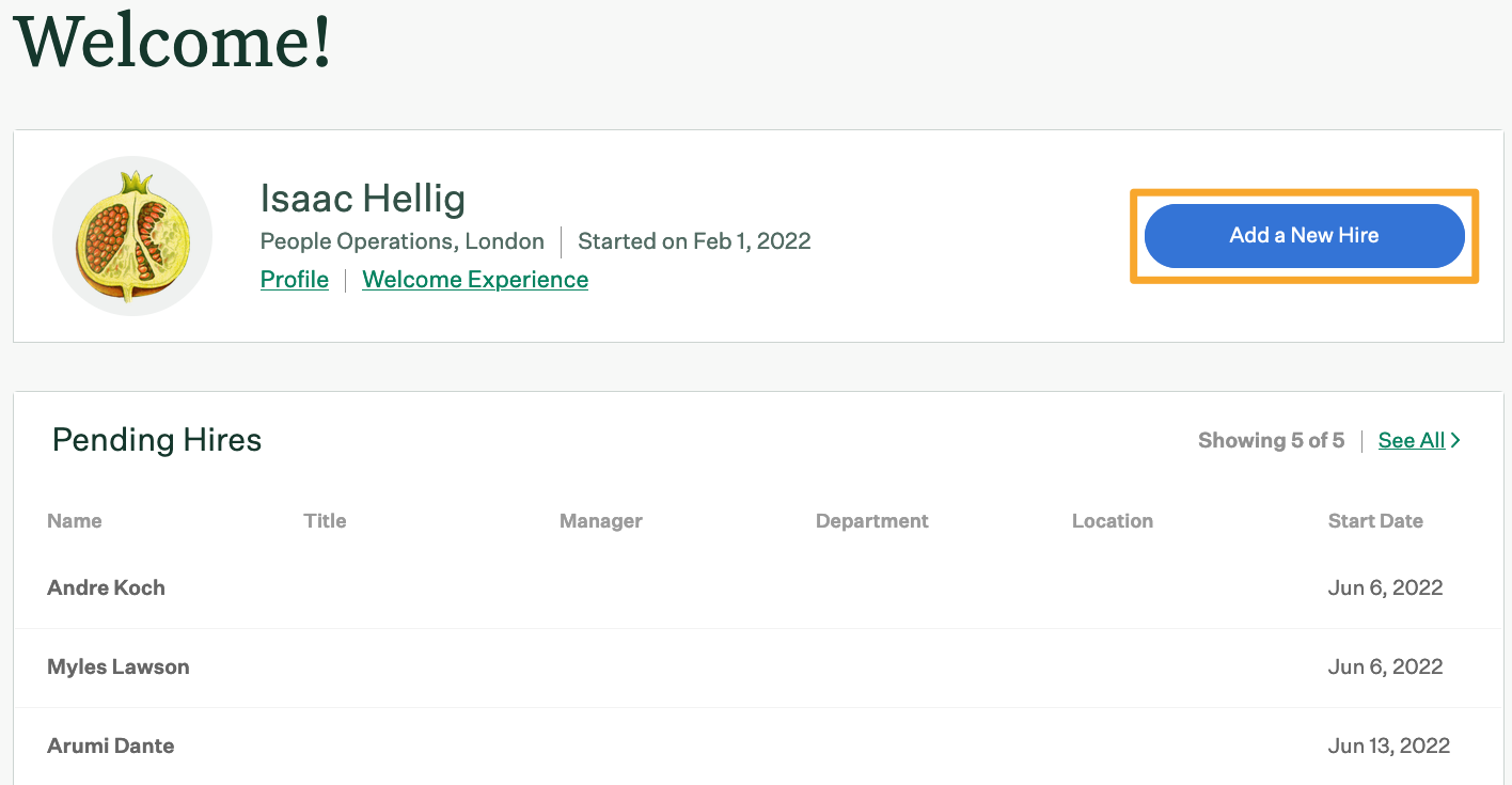 Screenshot of add new hire button