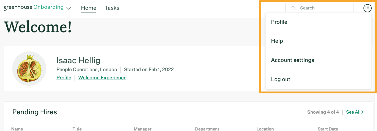 Screenshot of profile menu 