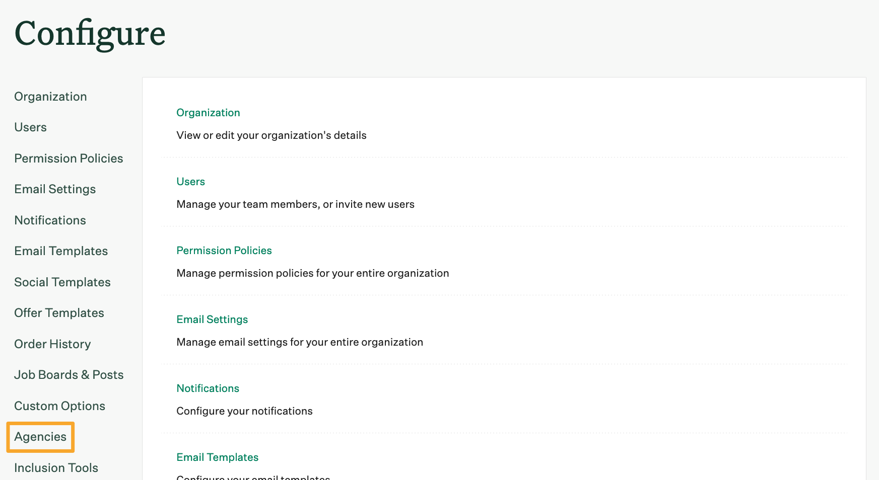Screenshot of agencies page navigation 