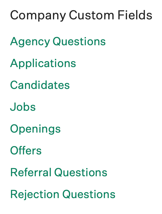 The company custom fields page is shown in Greenhouse Recruiting