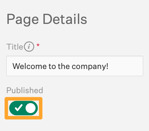 Screenshot of Published toggle on a new hire welcome experience page