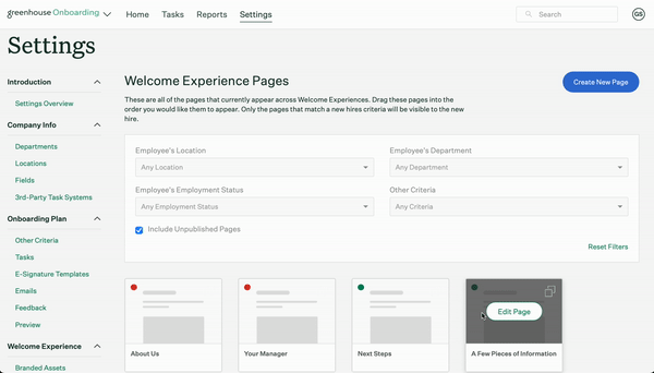 Screenshot of rearranging welcome experience pages