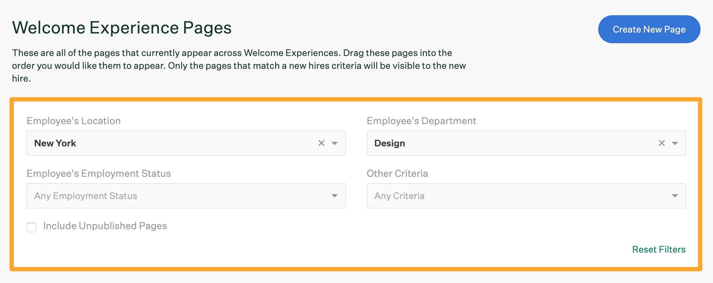 Welcome experiene page filters for rules