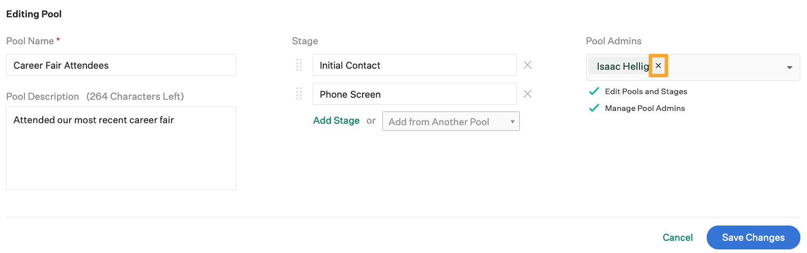 Screenshot of remove pool admin
