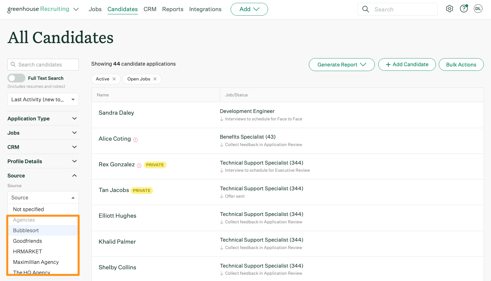 Screenshot of source filters on candidates page