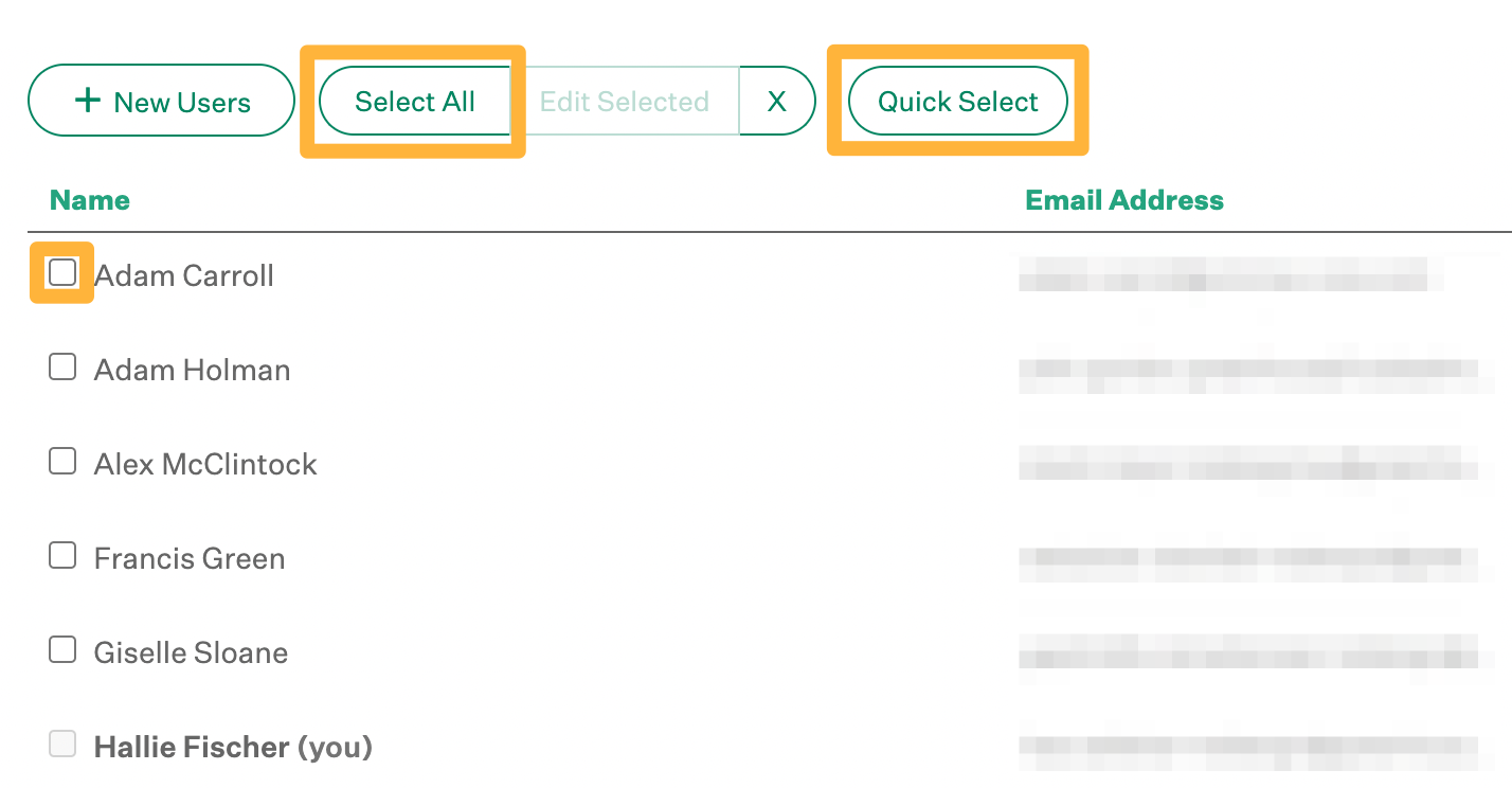 Screenshot of the bulk actions select users process