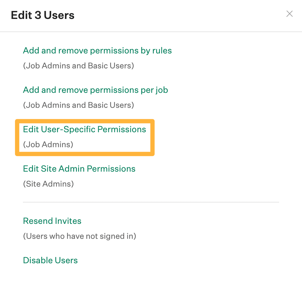 Screenshot of the edit user specific permissions in bulk link
