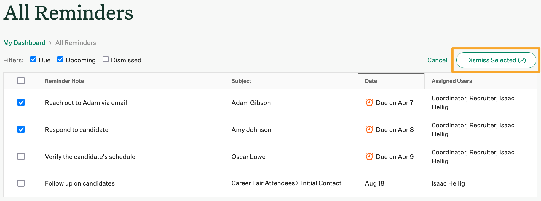 Screenshot of dismiss selected button