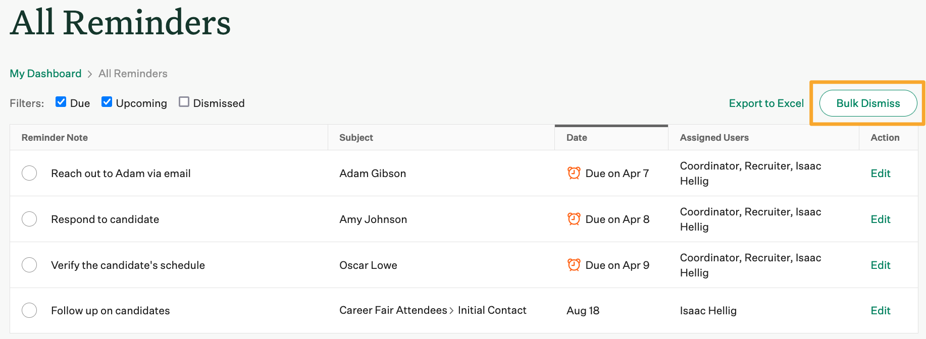 Screenshot of bulk dismiss button 