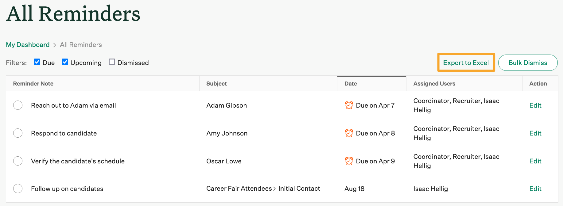 Screenshot of export to excel button