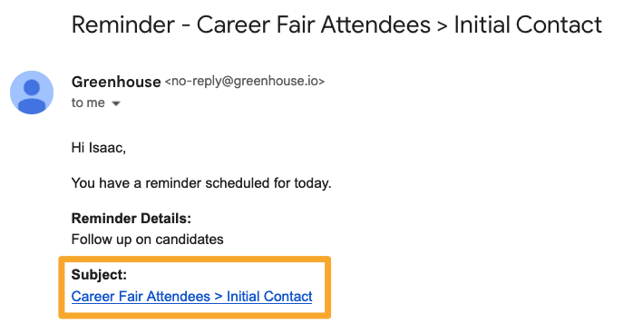 Screenshot of reminder email link