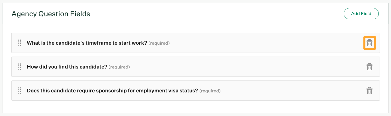 Screenshot of delete a custom agency question