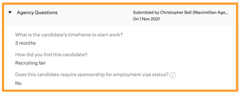 Screenshot of example submitted custom agency questions