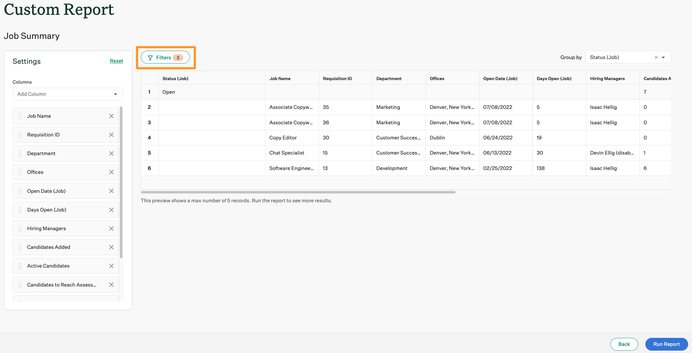 Screenshot of the Filters button on Report Builder