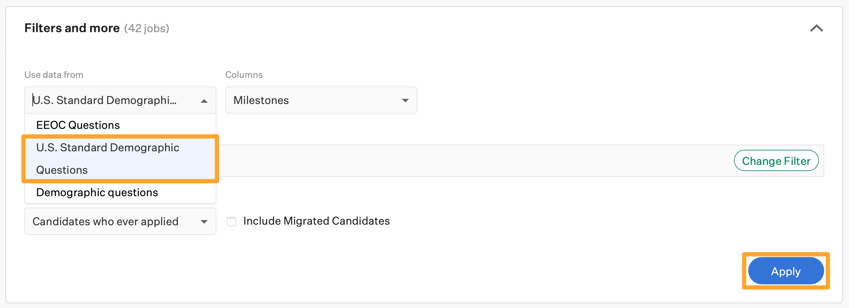 Screenshot of pipeline by demographic report set to US Standard demographic question set