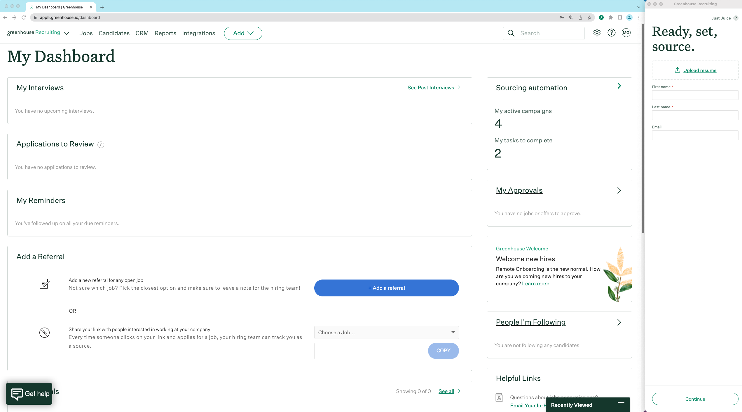 Screenshot of the greenhouse recruiting dashboard and extension. 