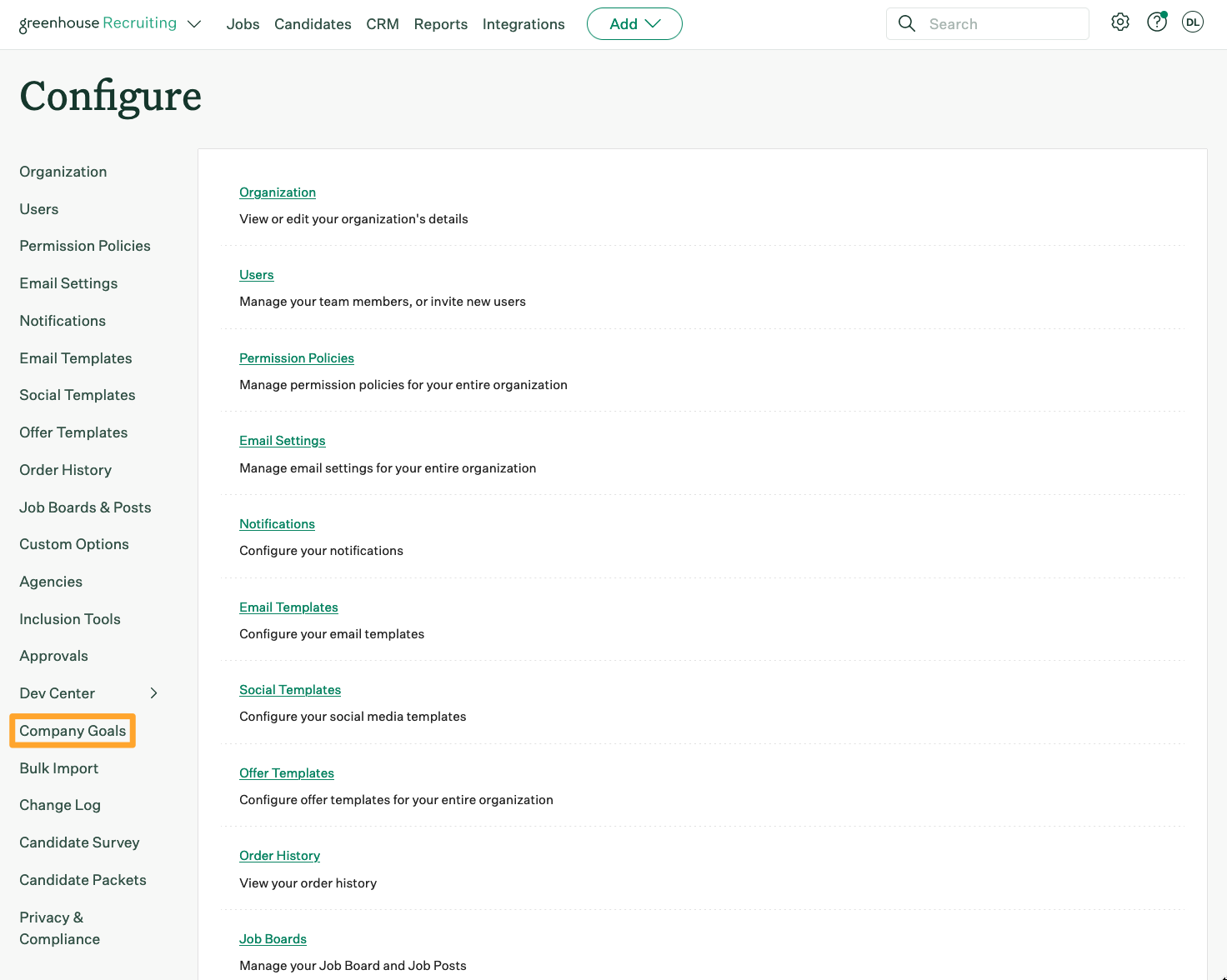 Screenshot of Configure > Company goals